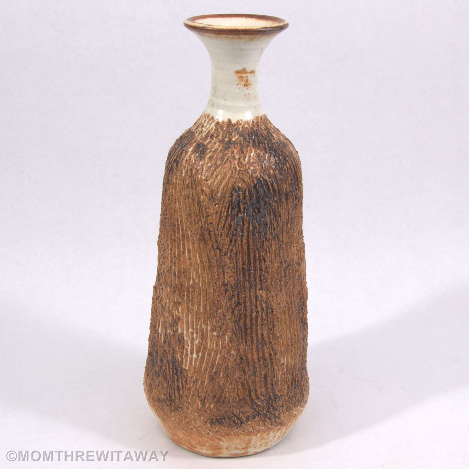 Bold Mid Century MODERN Incised Stoneware Art POTTERY VASE Signed