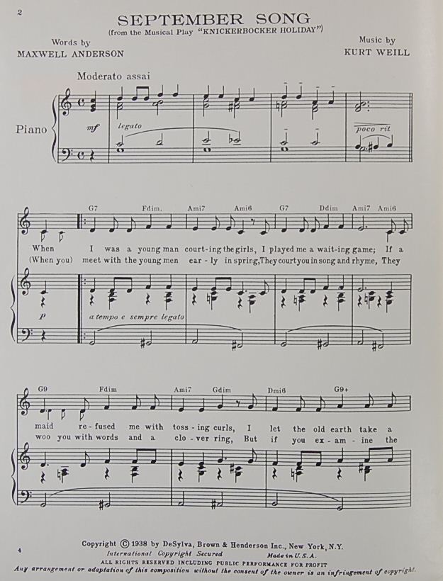 1938 September Song Sheet Music Weill Anderson