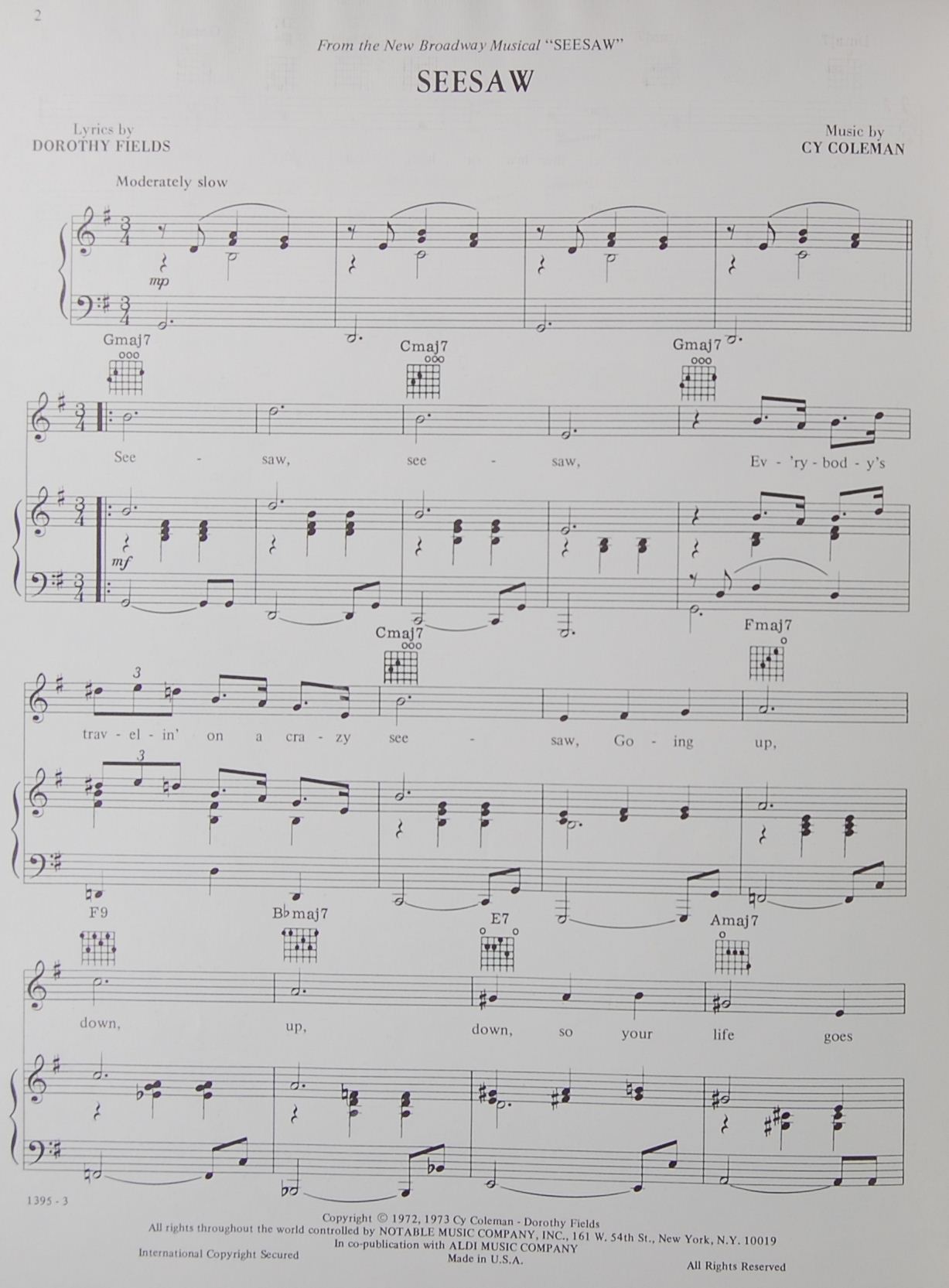 有关以下物品的详细资料: 1973 seesaw cy coleman & dorothy fields